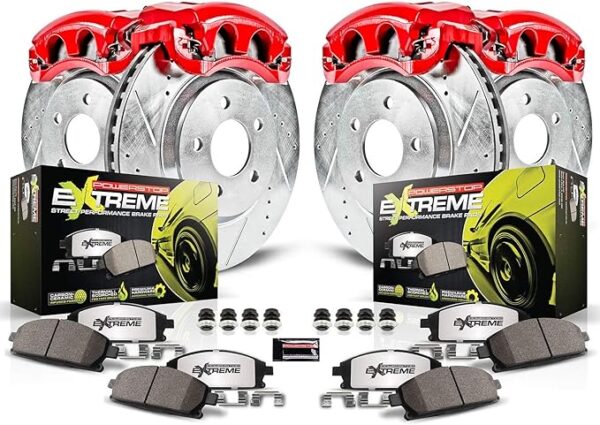 Z26 Street Warrior Brake Kit with Calipers Power Stop brake kits include a complete set of cross-drilled and slotted rotors, red powder coated brake calipers, and Z26 extreme performance Carbon-Fiber Infused ceramic pads. The Power Stop brake kit offers more pad bite than other leading brands without noise and dust. Not only do the brake rotors and calipers look great behind stock or custom wheels, they perform better than stock as well! Every caliper is expertly remanufactured, lubricated, and pressure tested