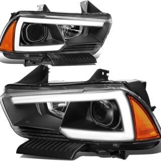 3D LED DRL Projector Headlight Lamps Compatible with Dodge Charger 2011-2014, Driver and Passenger Side, Black Housing Amber Corner