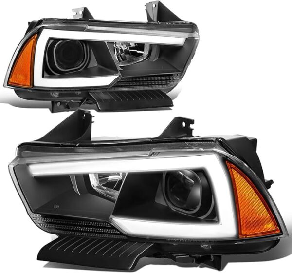 3D LED DRL Projector Headlight Lamps Compatible with Dodge Charger 2011-2014, Driver and Passenger Side, Black Housing Amber Corner